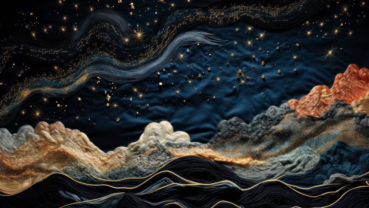 Bovenaanzicht van een surrealistisch, geborduurd landschap met vloeiende texturen en een sterrenhemel.