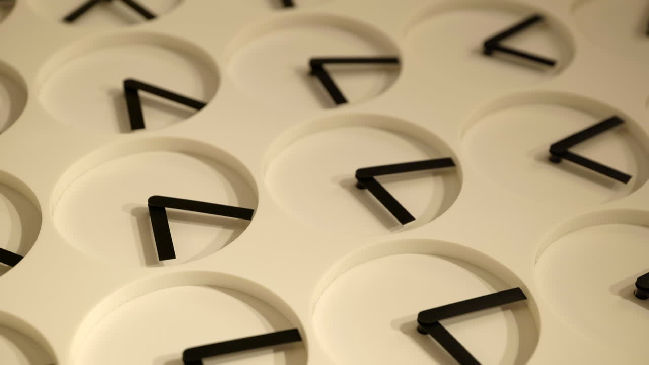 Multiple simple clocks artwork with rotating hands creating pattern hung in luxury watch store, Dutch angle