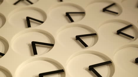 multiple simple clocks artwork with rotating hands creating pattern hung in luxury watch store, dutch angle