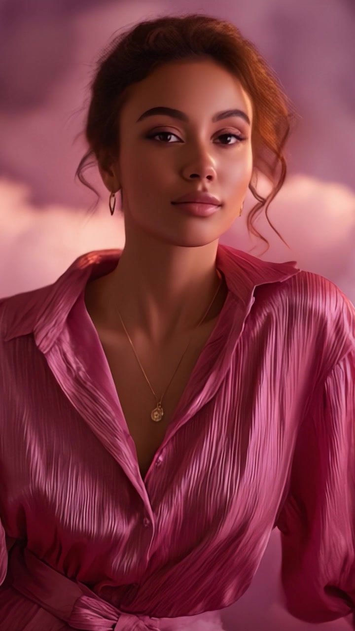 Retrato Elegante de uma Mulher em uma Blusa Rosa Luxuosa com Iluminação Suave e Fundo Onírico, Capturando Graça e Beleza em um Estilo Atemporal