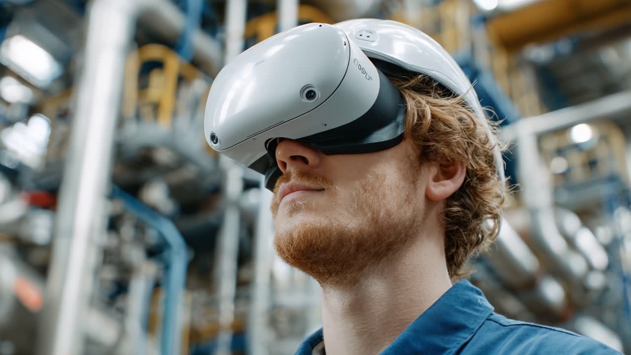 Exploring the Future of Technology: A Curious Individual Engages with Advanced Virtual Reality Gear in an Industrial Setting, Pushing the Boundaries of Innovation and Experience