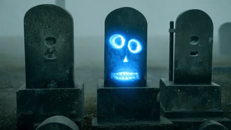 spooky tombstone features a glowing skull face, changing expressions in a foggy graveyard at night