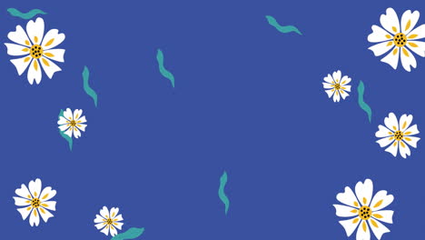animación de flores y hojas sobre fondo azul