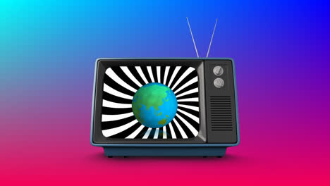 animation of vintage tv with globe on colorful background
