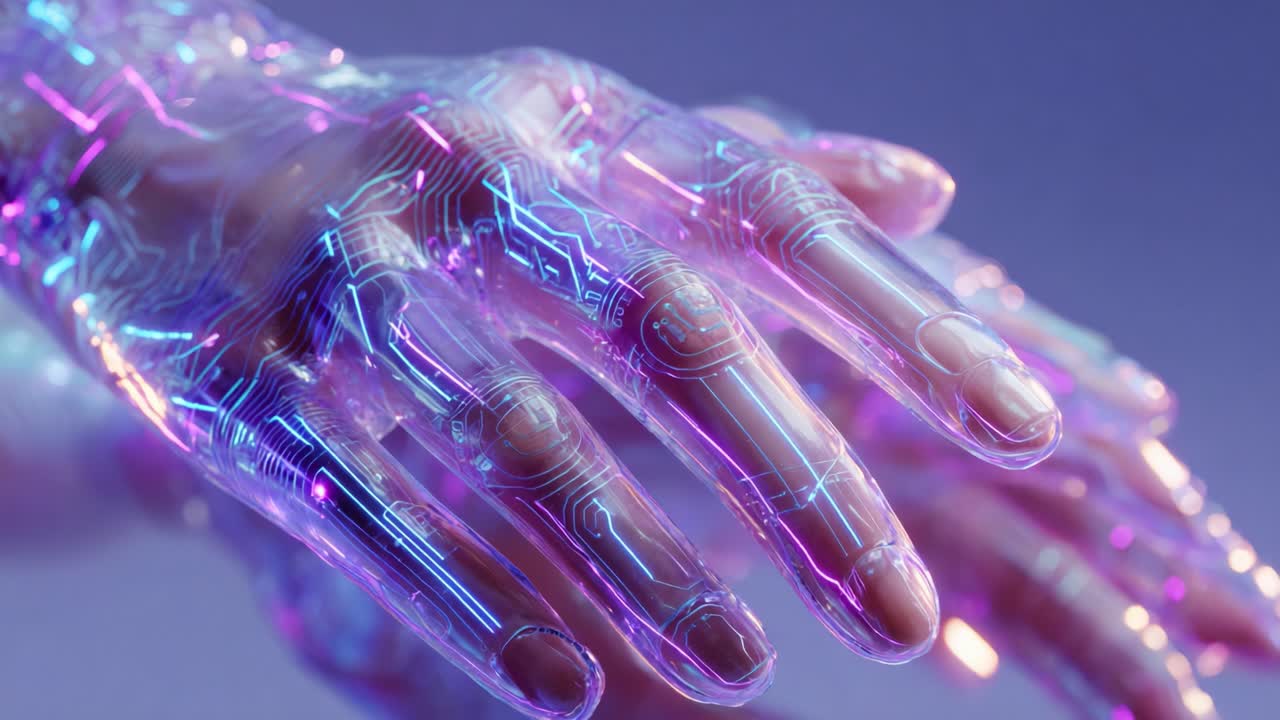 Intricate Display of a Robotic Hand Showcasing Innovative Technology with Circuit Patterns and a Futuristic Aesthetic, Capturing the Essence of Advanced Human-Machine Interaction and Sophisticated Design