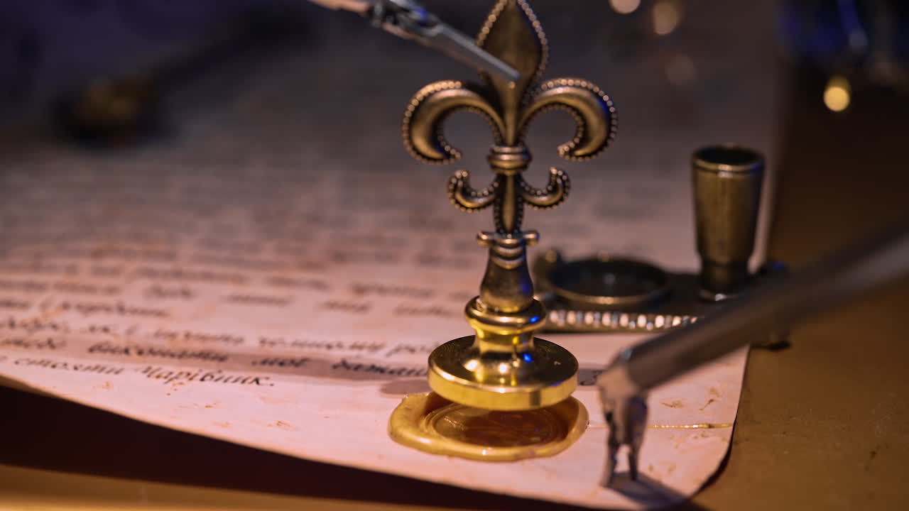 Da Vinci surgical equipment puts a seal with a metal stamp on the letter. Close up. Blurred dark background with switched on lights.