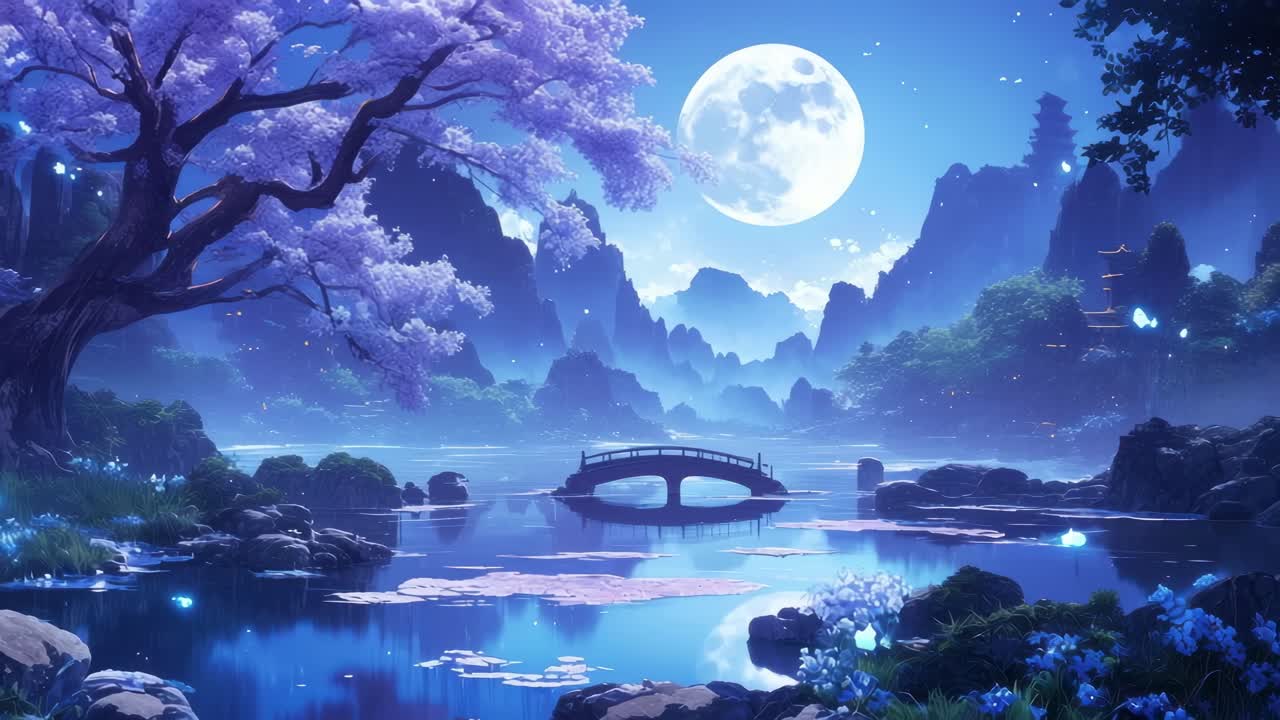 Un paesaggio sereno, illuminato dalla luna, con un albero di ciliegio in fiore e un ponte, ripreso da un'angolazione bassa
