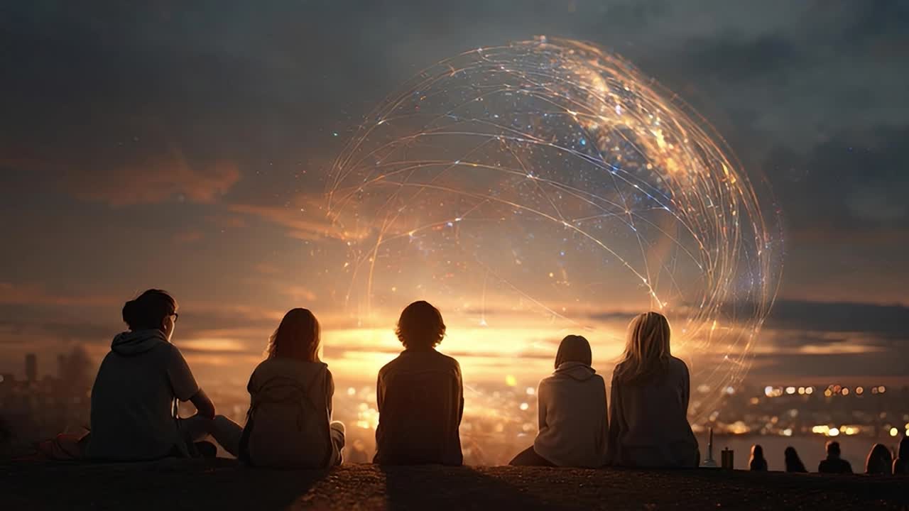 Friends enjoying sunset while connected through virtual network