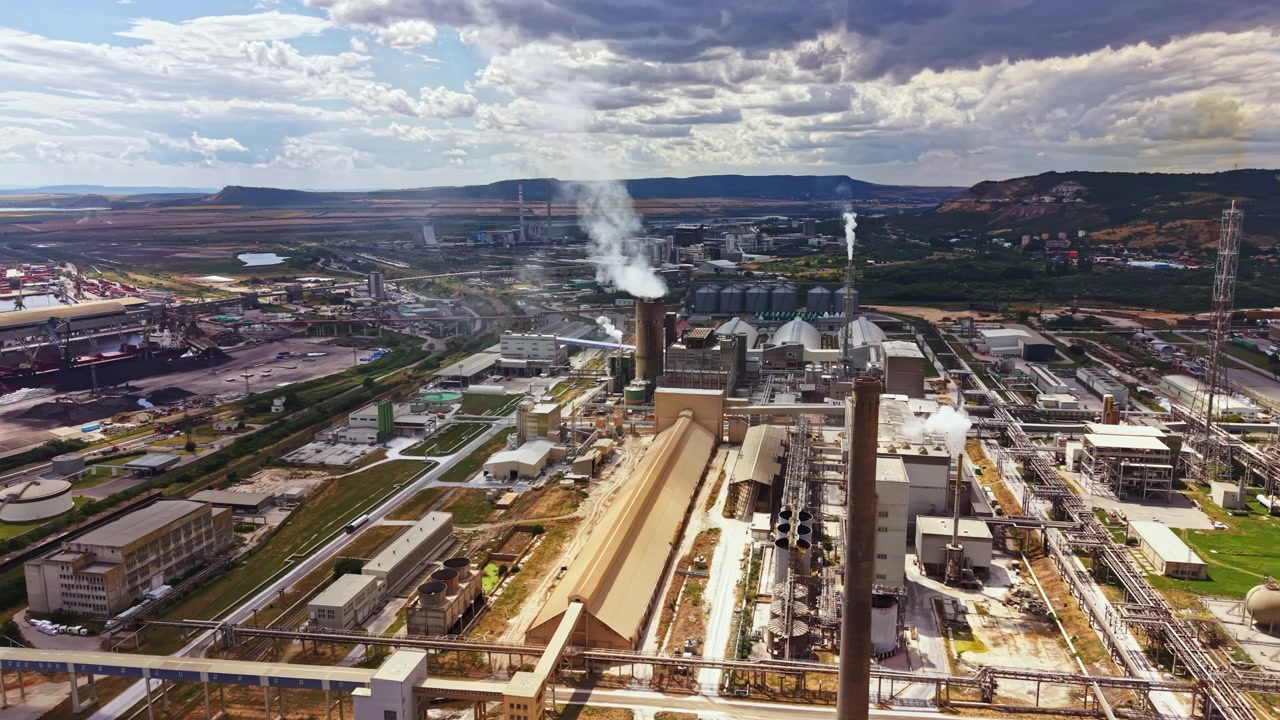 Area industriale con fabbriche e fumo che sale nel cielo di giorno in un paesaggio aperto