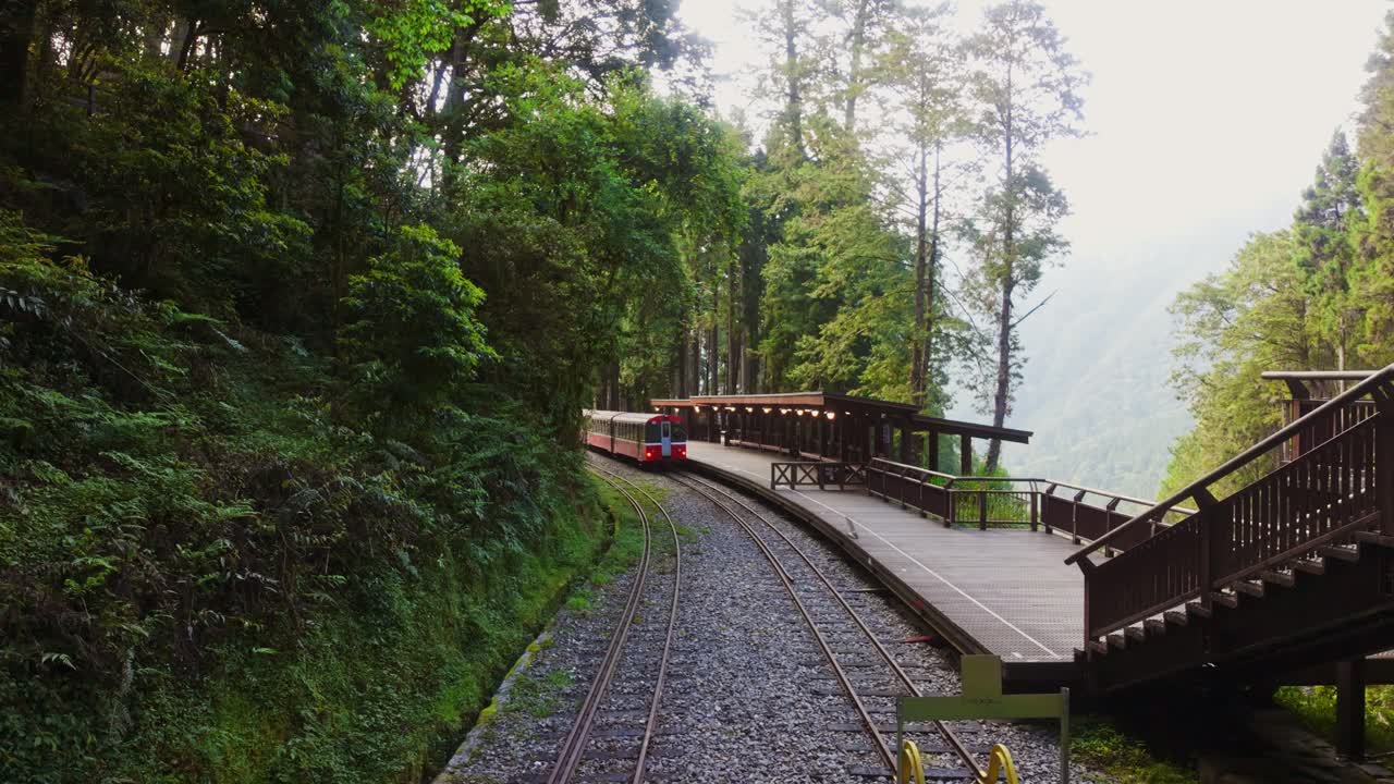 Train Leaving At Sacred Tree Station On The Forestry Bureau Alishan Forest Railway Line In Alishan Township, Chiayi County, Taiwan. - wide shot