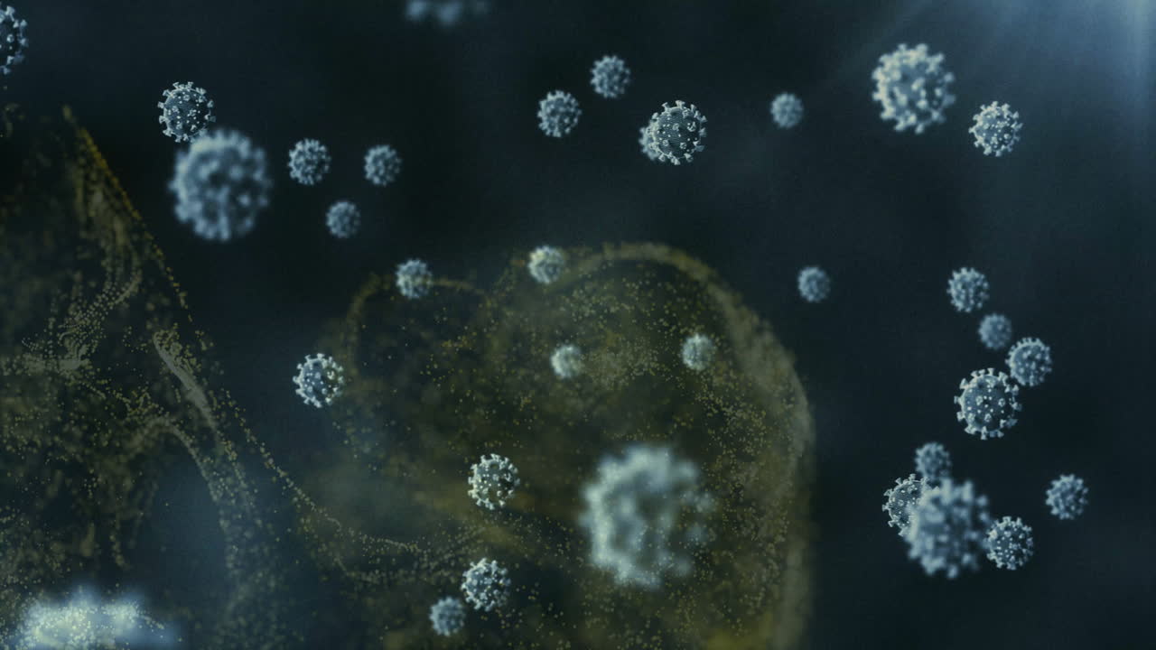 Spiky viral particles floating in dark fluid, highlighting golden mesh filaments in 3D render