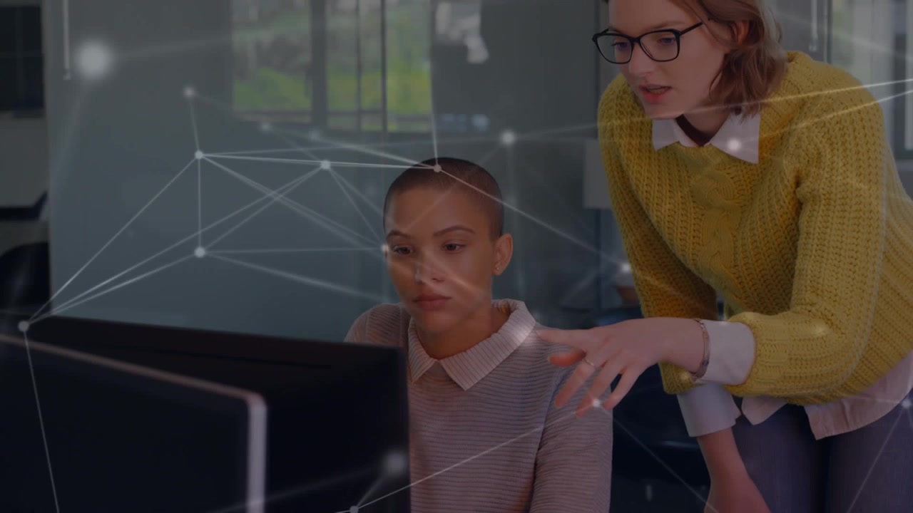 Animation of network of connections over business woman using phone headsets