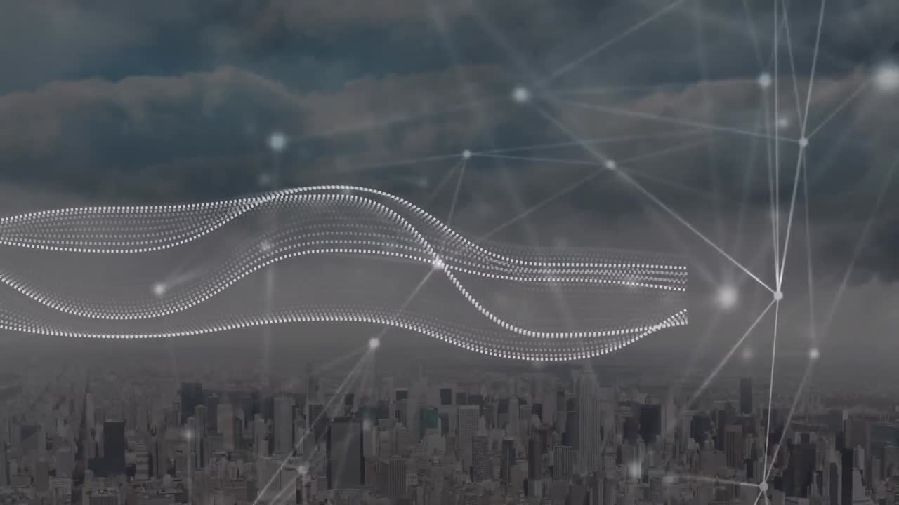 도시 풍경의 공중 시야에 대한 연결 네트워크와 디지털 파동의 애니메이션