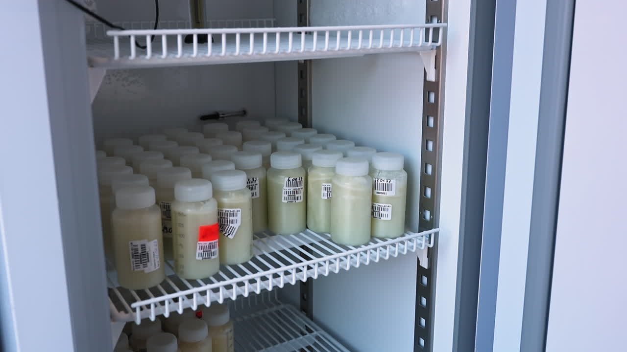 Bottles of milk in a refrigerated storage unit