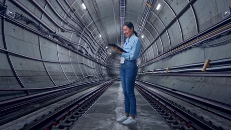 full body side view of asian female with her tablet in underground subway tunnel, working continuously with her tablet