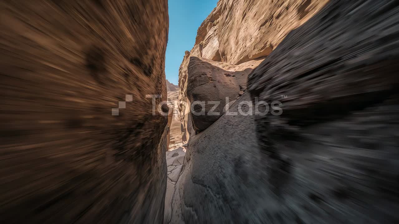 Guida la camera con effetto mosso attraverso uno stretto canyon rivelando un cielo luminoso e la filigrana di Topaz Labs