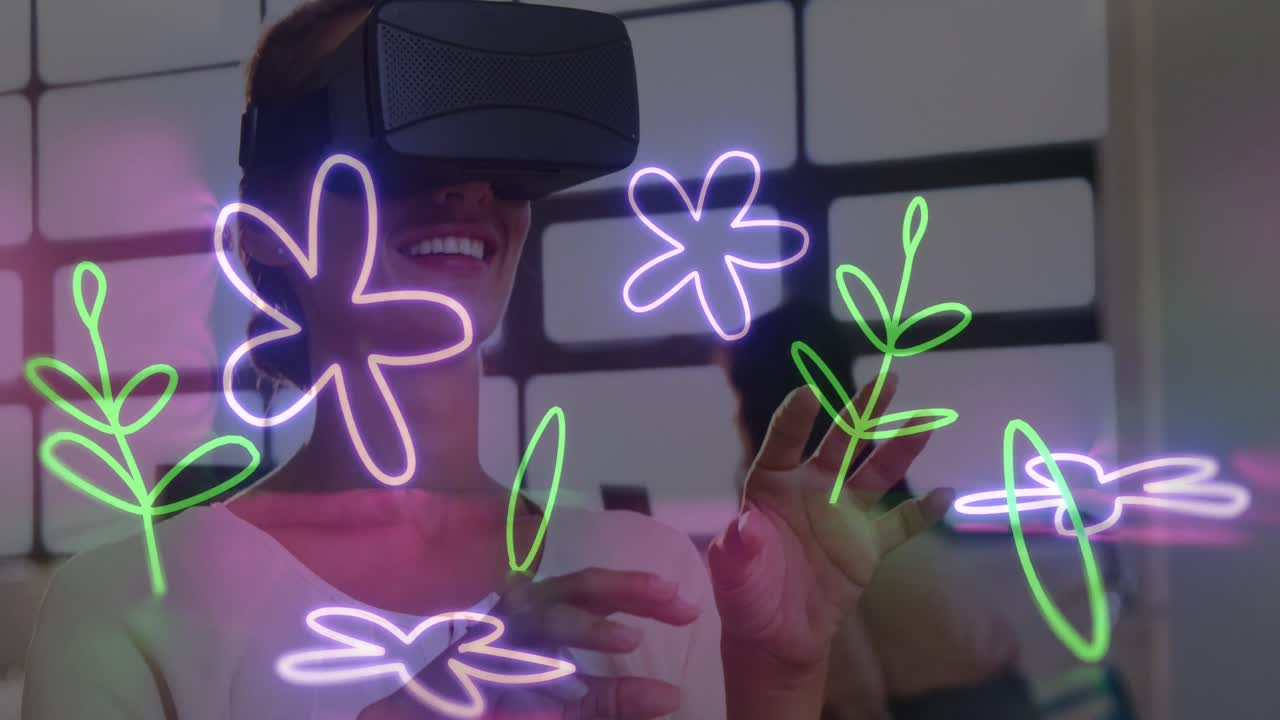 animación de formas de neón de flores sobre una mujer caucásica usando auriculares vr