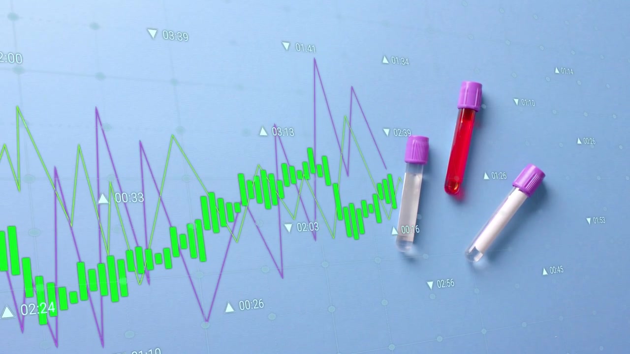 In riproduzione, barre verdi che si spostano in alto a destra, indicatori che scorrono, 3 provette che ruotano, mostrando dati di esempio
