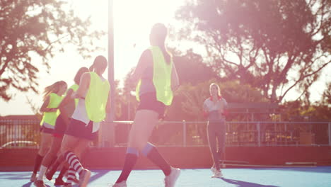 Group-of-girl-hockey-players-warming-up-before