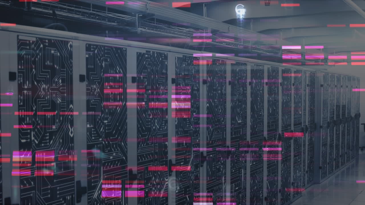 Animation of data processing and lights over servers