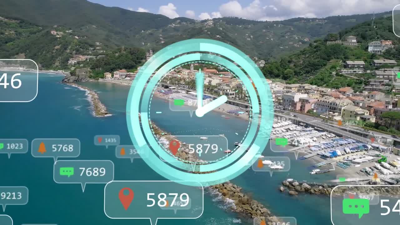 reloj de neón sobre los iconos de las redes sociales en múltiples burbujas de habla flotando contra el paisaje urbano