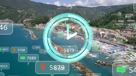 reloj de neón sobre los iconos de las redes sociales en múltiples burbujas de habla flotando contra el paisaje urbano