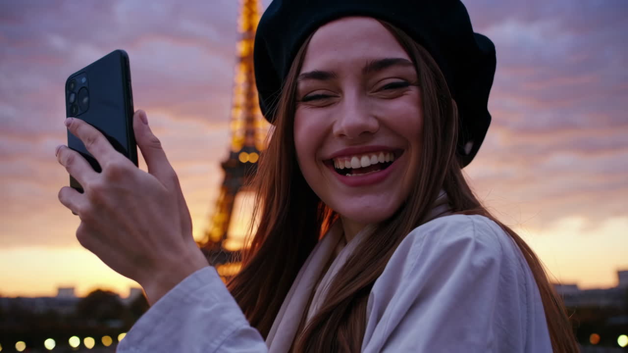 Happy Woman Taking Selfie in front of Eiffel Tower at Sunset