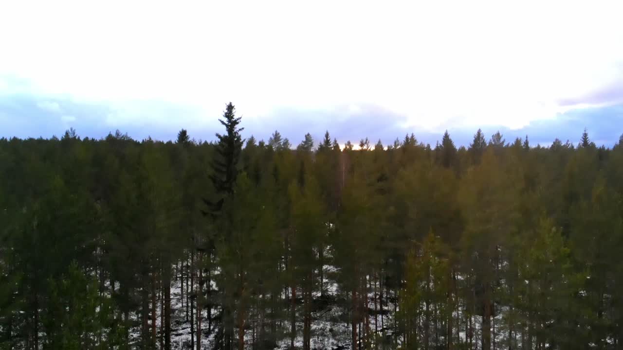 Drone shot of a snowy landscape in Sweden.