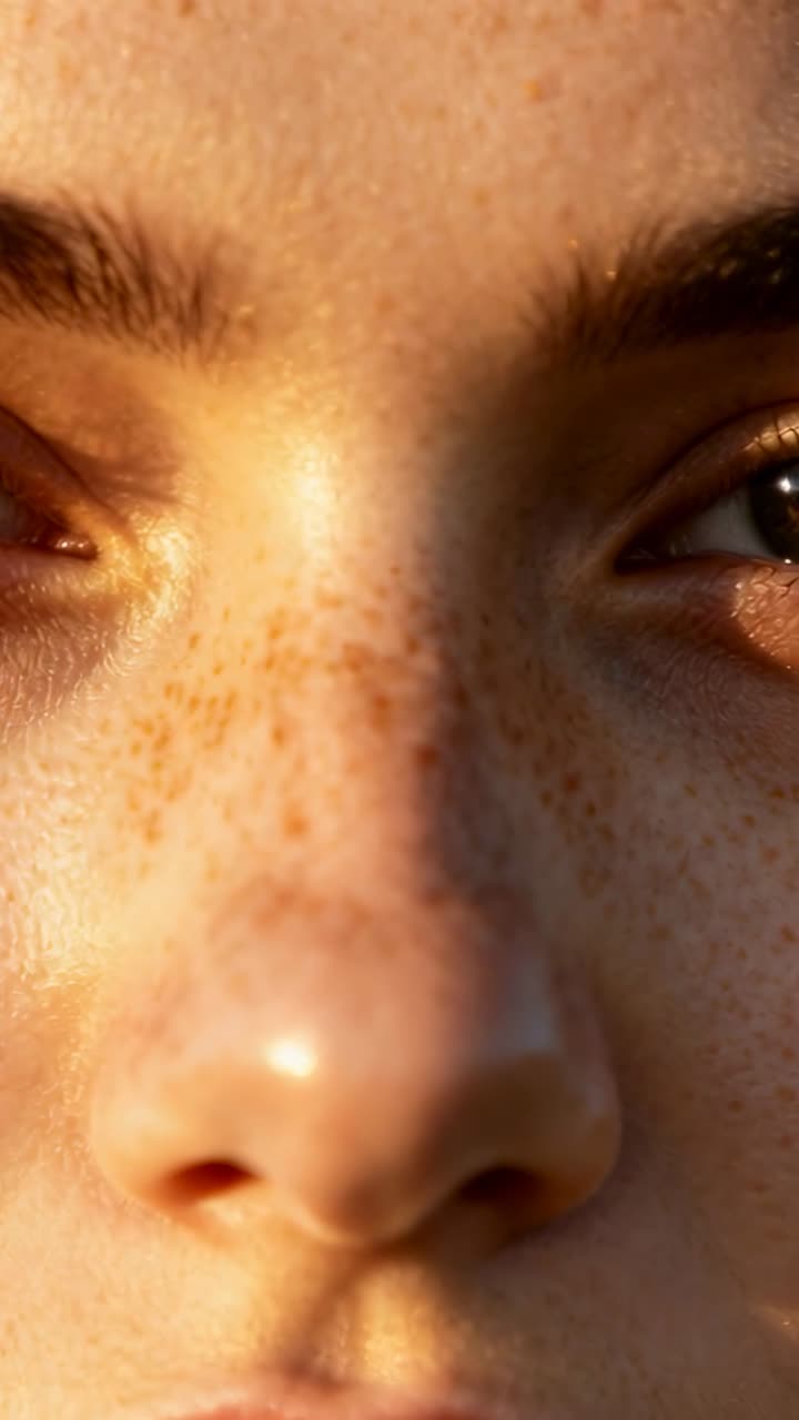 Woman making tiny head turn, sunlight shifting shadow, freckles showing against soft blur portrait