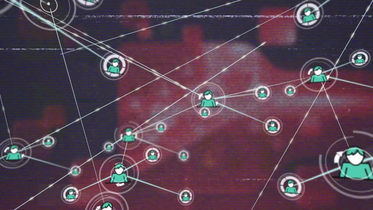 Animation of glitch effect over network of profile icons against red background