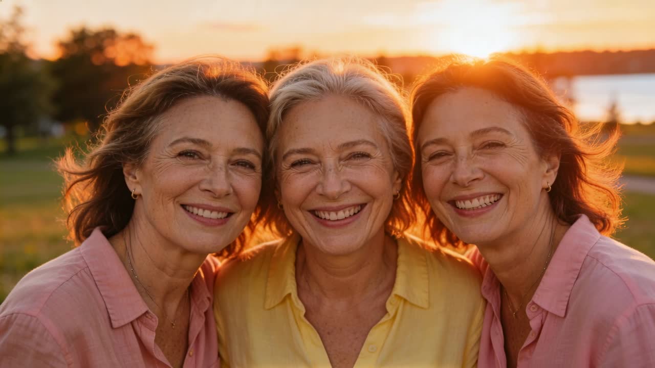 Vídeo vertical: Três mulheres idosas sorrindo enquanto a brisa levanta os cabelos, sol animado mostrando saúde.