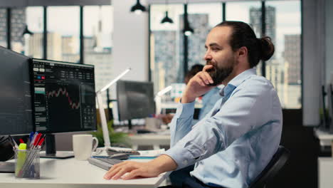 stock market trader in office expresses joy after high returns operations