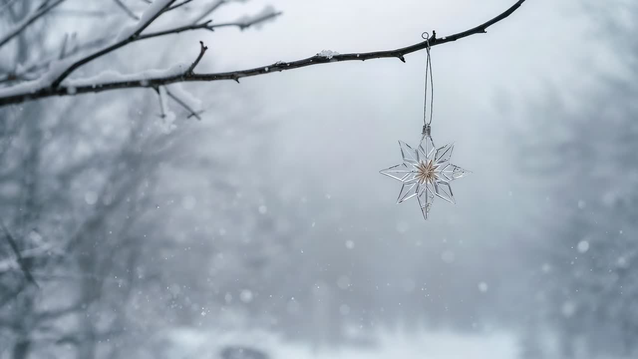 Swaying clear star ornament rotating on thin branch in snowy woods, with light breeze causing sway