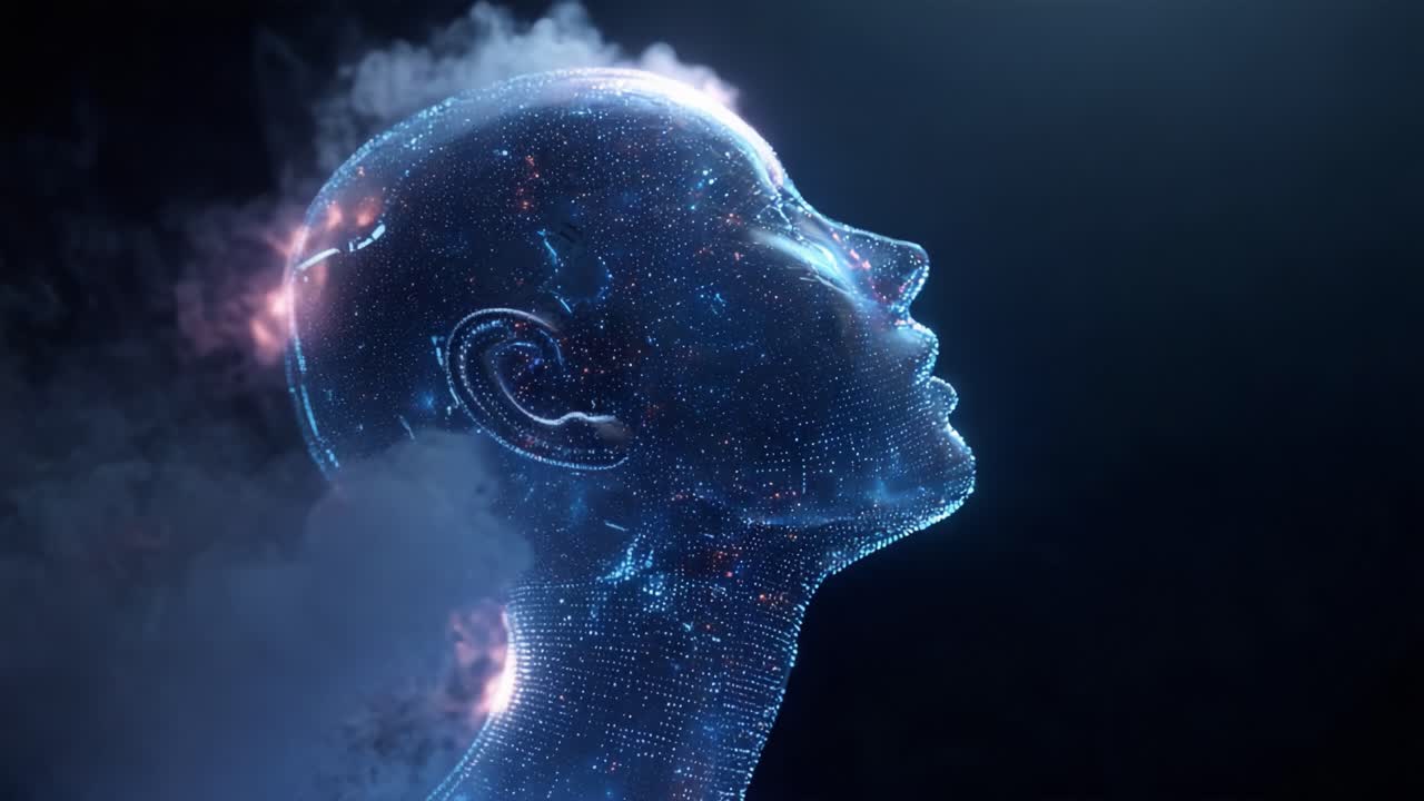A Stunning Visualization of a Futuristic Digital Human Head Emanating Light and Data Particles, Representing the Intersection of Technology, Artificial Intelligence, and Human Expression in a Digital World