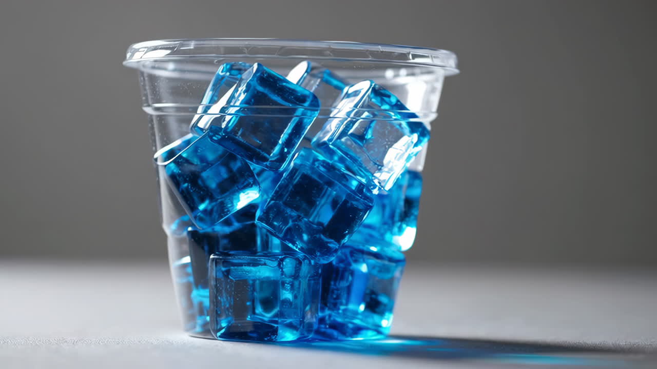 Blue Ice Cubes in a Plastic Cup