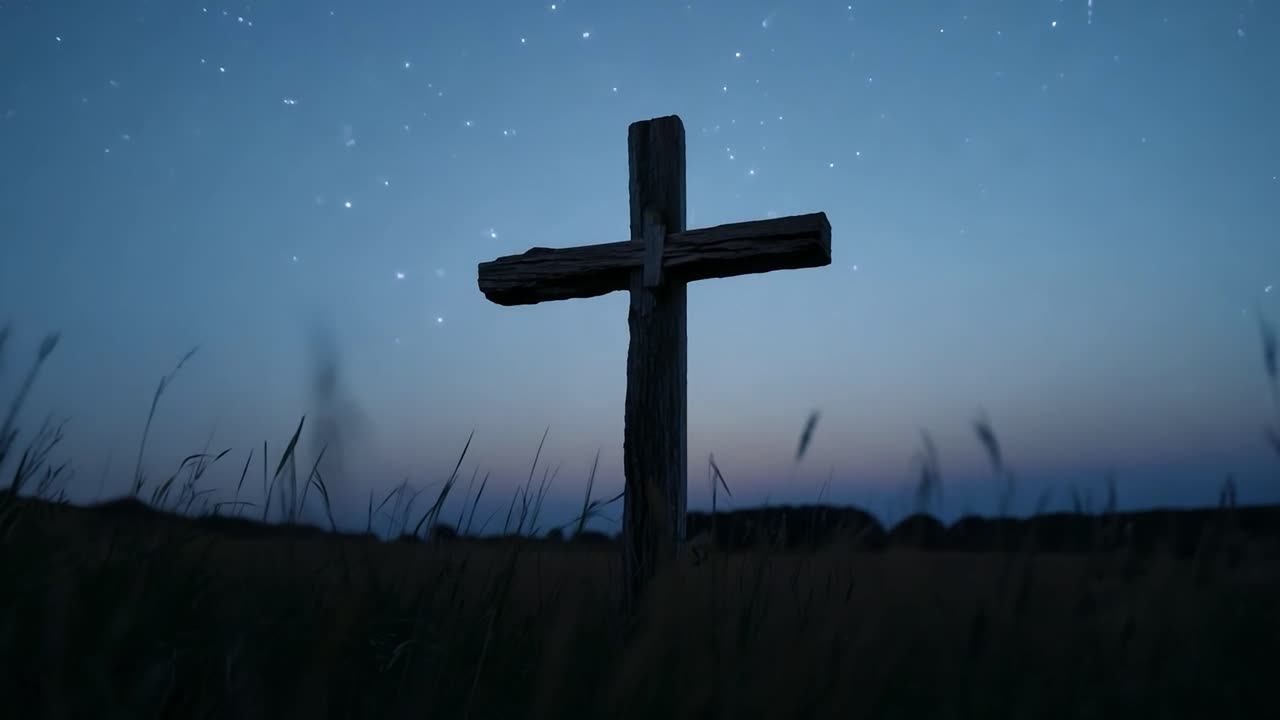 별 아래의 밤에 나무 십자가