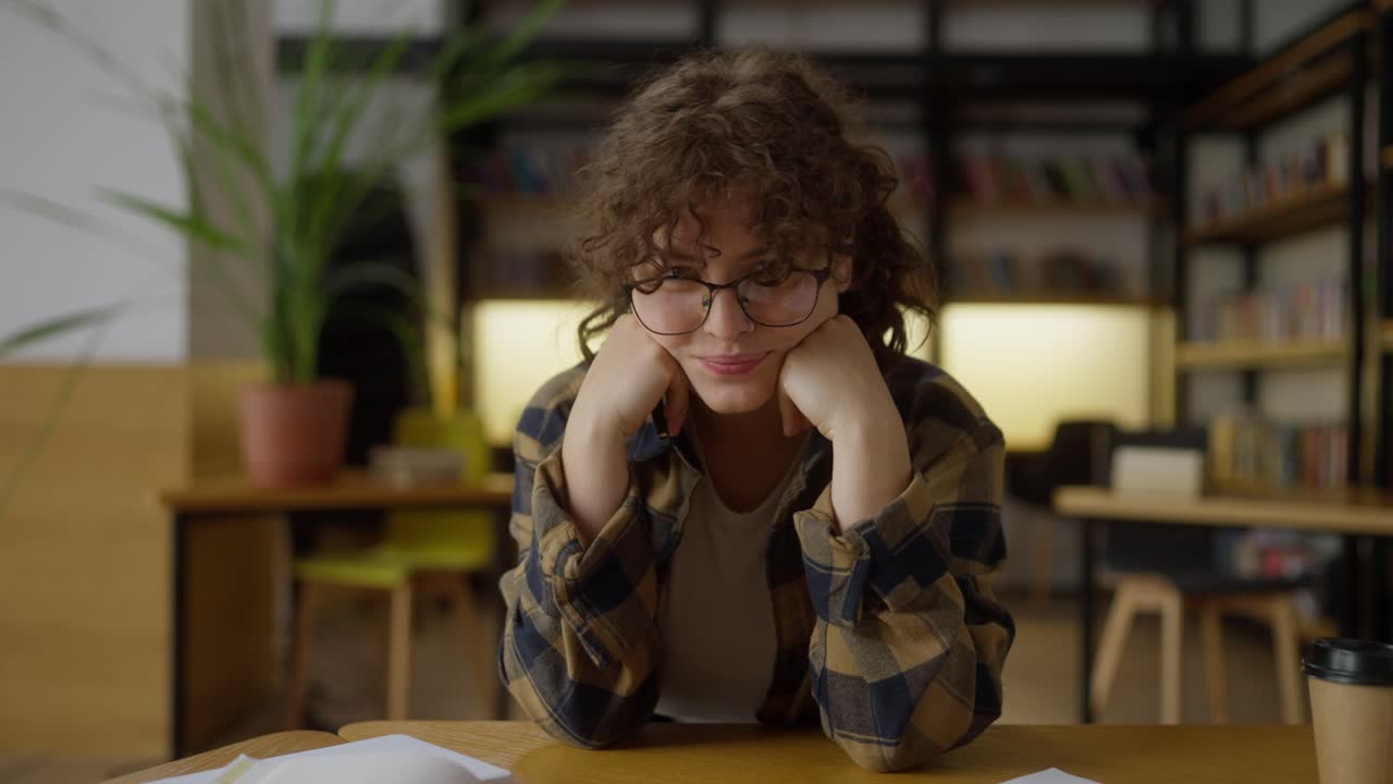 retrato de una estudiante feliz con el cabello rizado en gafas que posa mientras está de pie en una mesa en la biblioteca