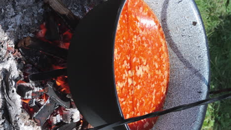 video vertical de gulash tradicional cocinando sobre fuego