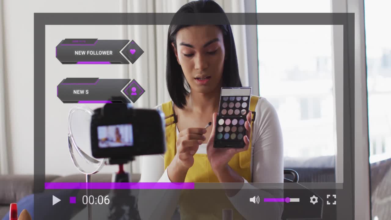 animación de datos de redes sociales e íconos sobre mujer biracial en vlog de maquillaje.
