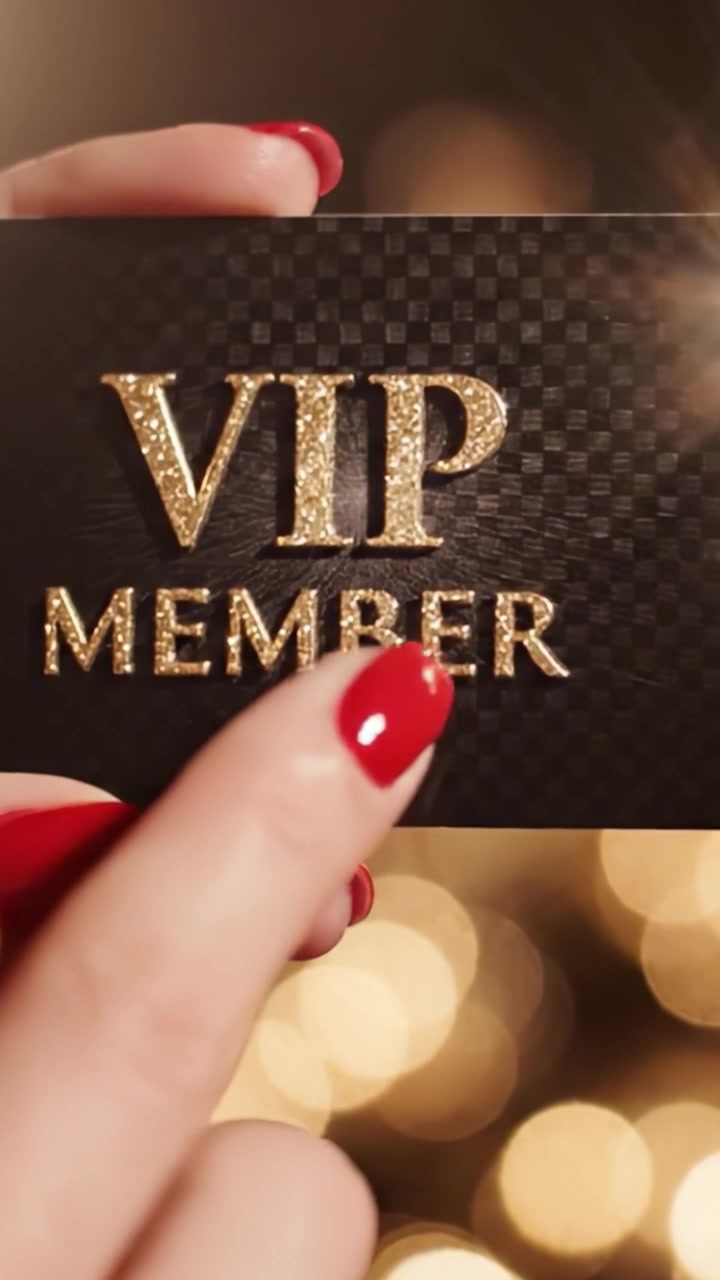 Une main élégante tenant une carte de membre VIP étincelante, sur un fond doux et flou de lumières dorées, symbolisant l'exclusivité et le luxe