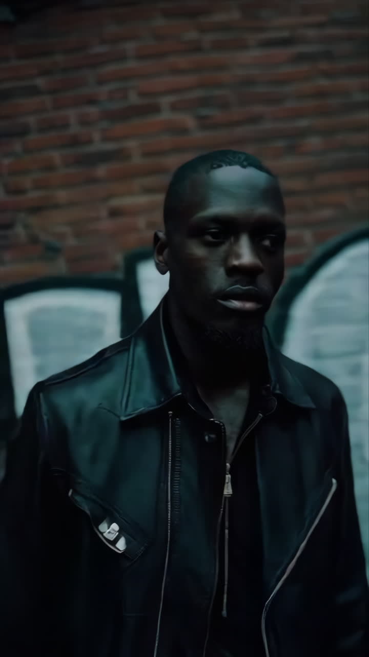 Stylish Man in Leather Jacket by Graffiti Wall