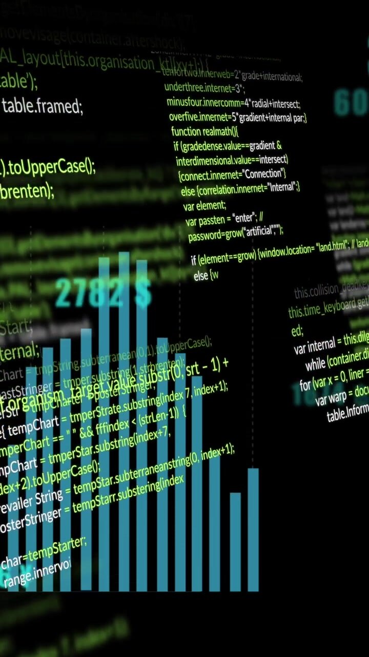Animation of data processing and statistics on dark background