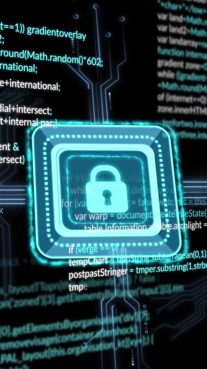 Animation of padlock icon and data processing over black background