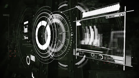 Animation-of-scope-scanning,-data-processing-on-screen-over-cityscape