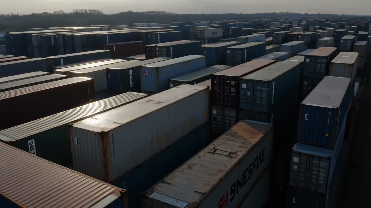 Aerial View of a Large Container Yard with Stacks of Shipping Containers and Train Tracks