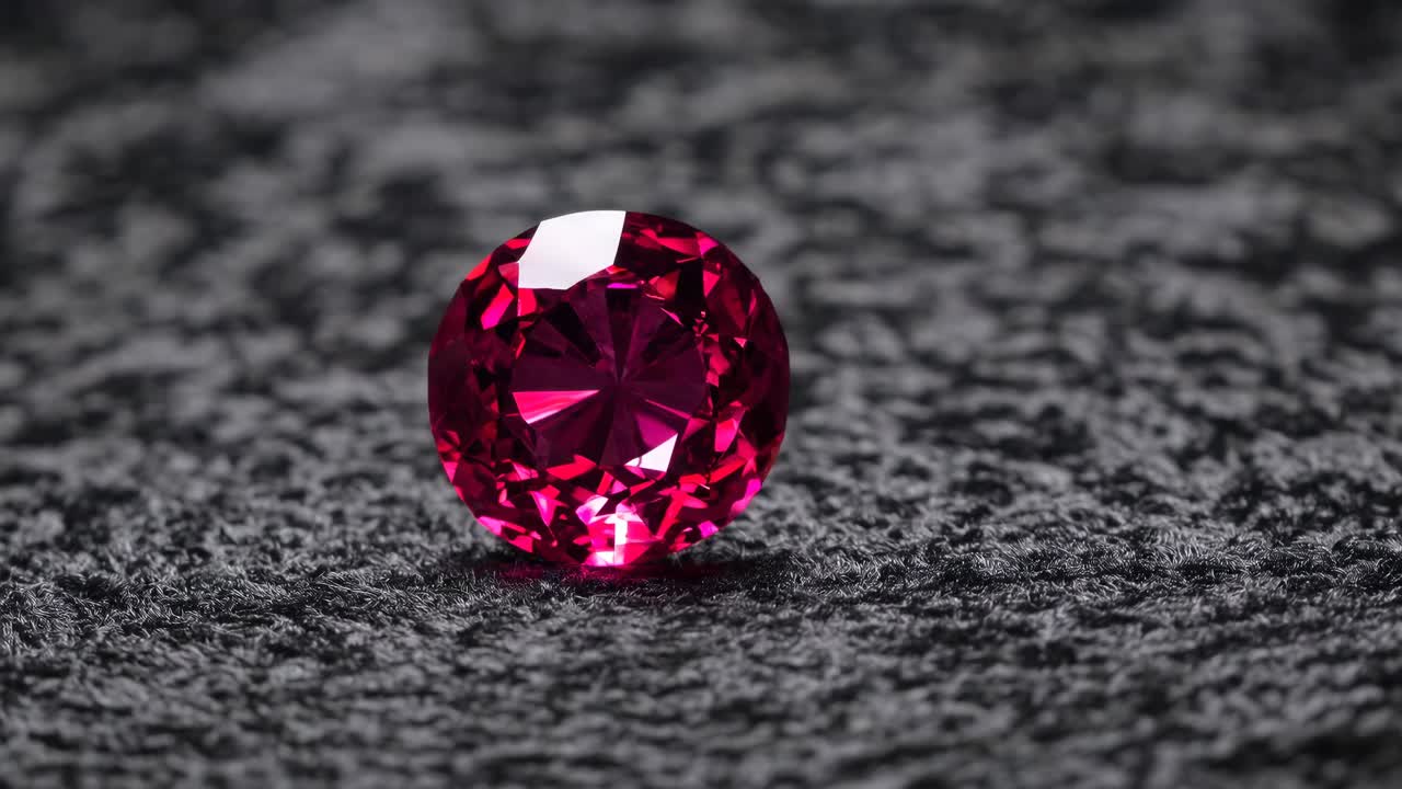 Close-up video of a red gemstone on textured black surface. Shot from a low angle