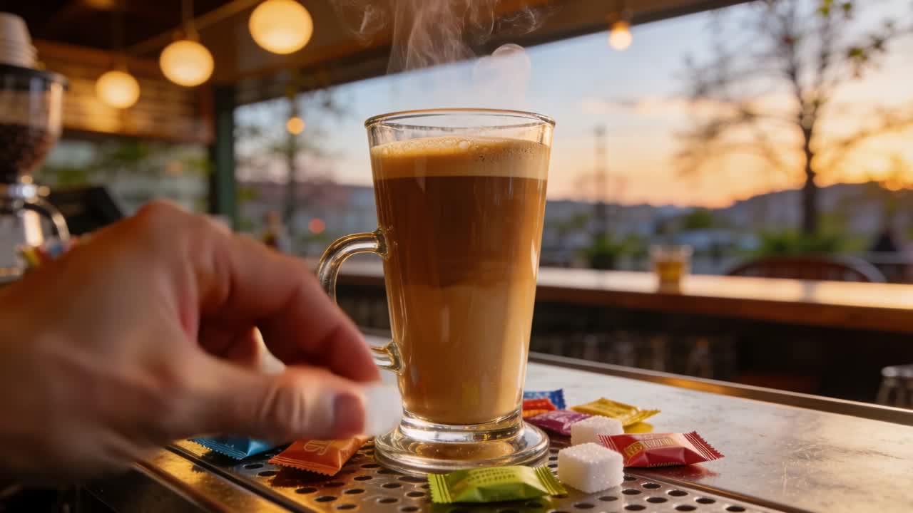Una mano sinistra che lascia cadere una zolletta di zucchero in un latte macchiato in un bicchiere alto su un vassoio raccogli gocce, addolcendo la bevanda.