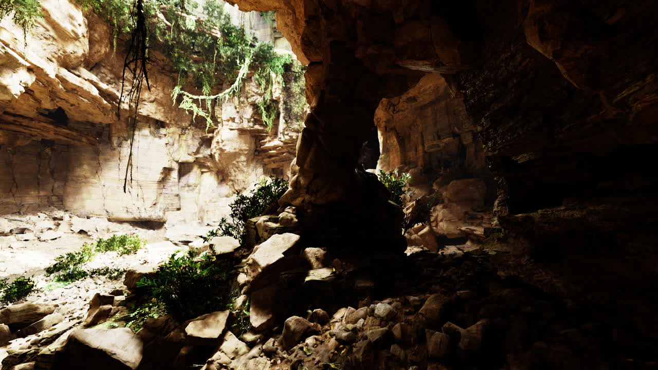 Esplora una meravigliosa grotta sotterranea con vegetazione lussureggiante e formazioni rocciose