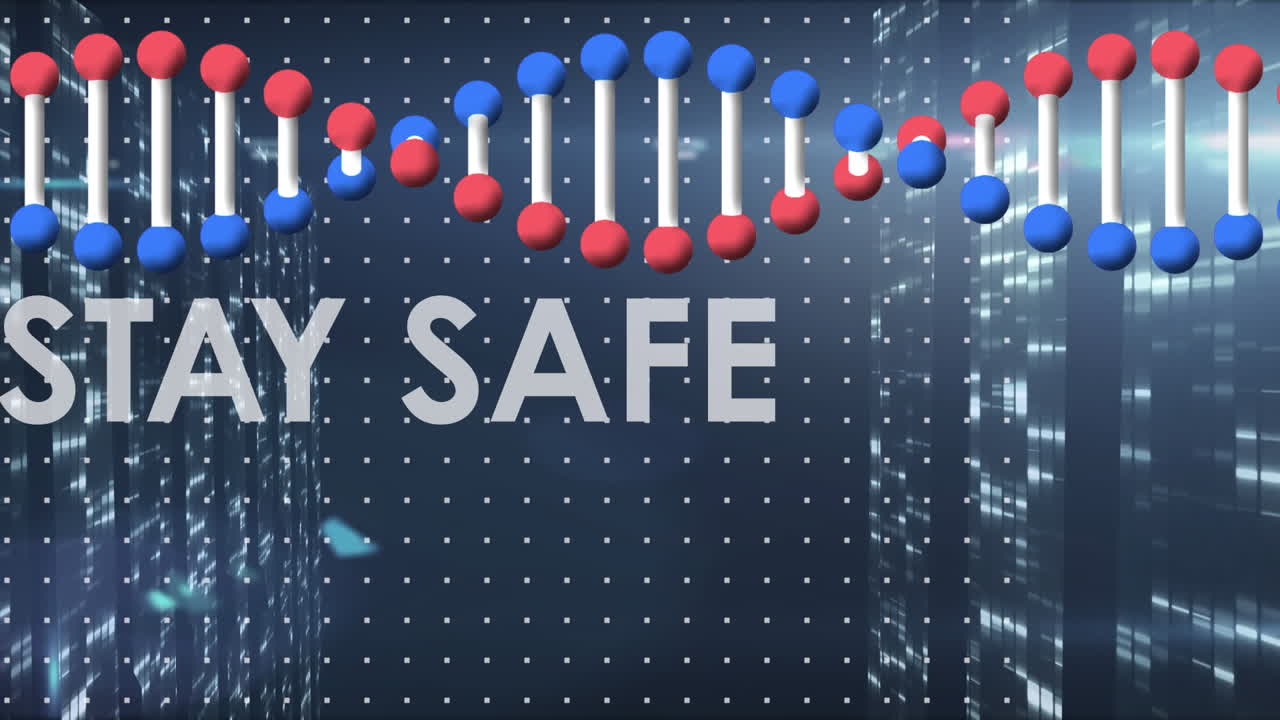 검은색 배경에 있는 dna 스트랜드와 코로나19 텍스트의 애니메이션