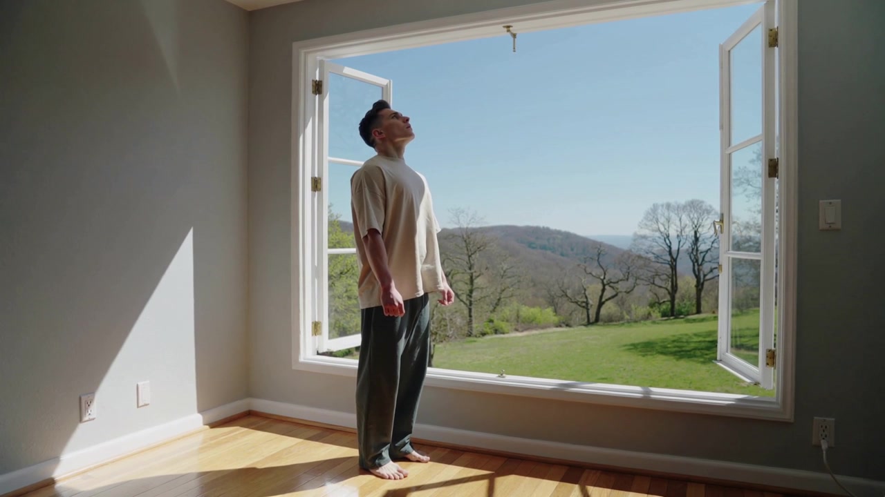 Standing barefoot man shifting weight, tilting head upward at open window, sunlight drawing gaze up